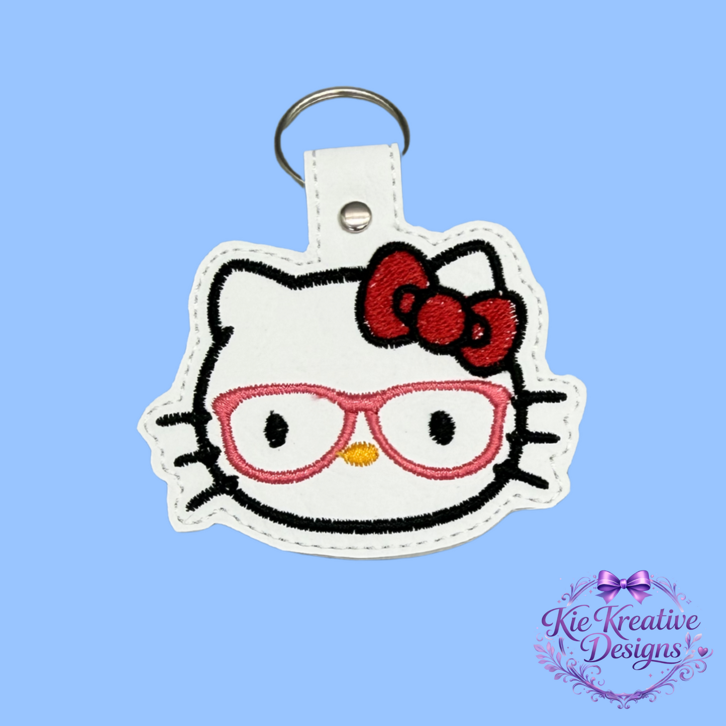 Hello Kitty Glasses Embroidered Keychain – Cute Nerdy Cat Key Fob – Kawaii Bag Charm – Gift for Book Lovers, Teachers, Students