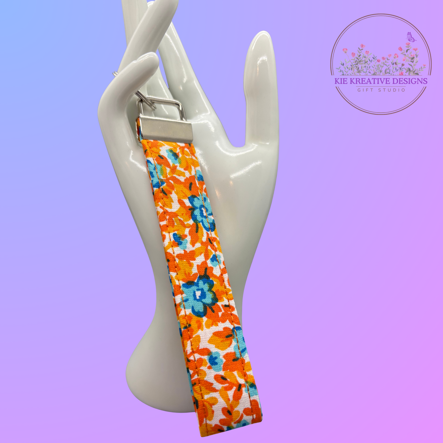 Bright Floral Fabric Wristlet Keychain – Orange & Blue Flower Key Fob | Handmade Key Holder | Gift for Her | Practical Teacher Gift