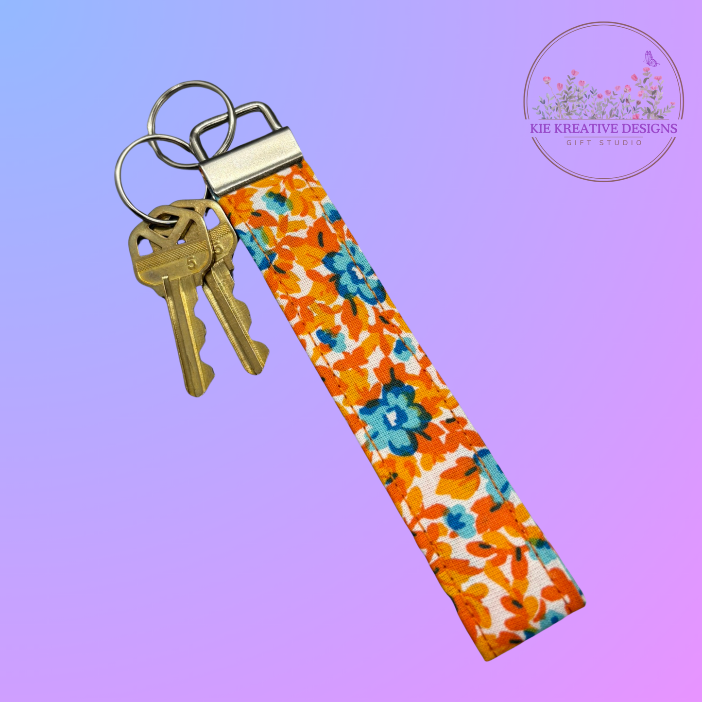 Bright Floral Fabric Wristlet Keychain – Orange & Blue Flower Key Fob | Handmade Key Holder | Gift for Her | Practical Teacher Gift