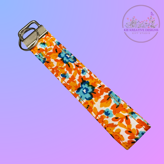 Bright Floral Fabric Wristlet Keychain – Orange & Blue Flower Key Fob | Handmade Key Holder | Gift for Her | Practical Teacher Gift