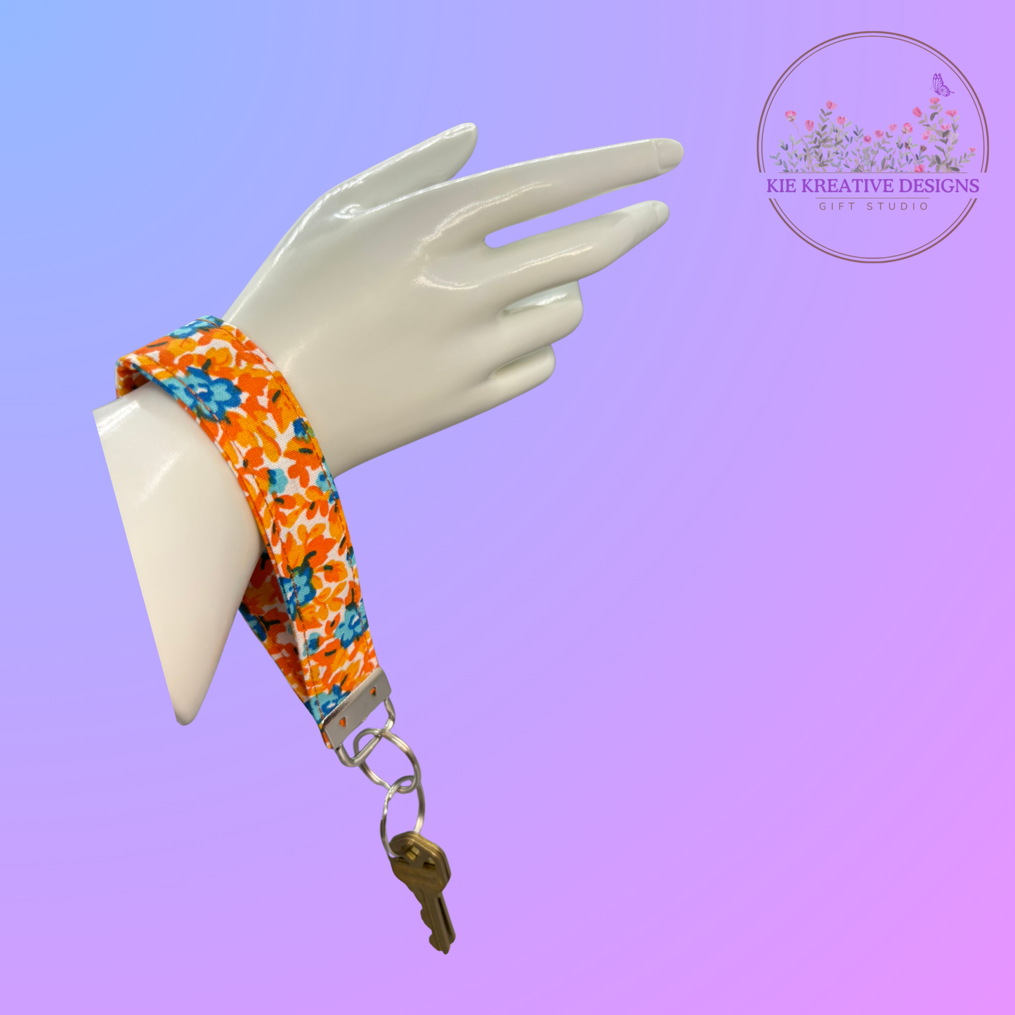 Bright Floral Fabric Wristlet Keychain – Orange & Blue Flower Key Fob | Handmade Key Holder | Gift for Her | Practical Teacher Gift