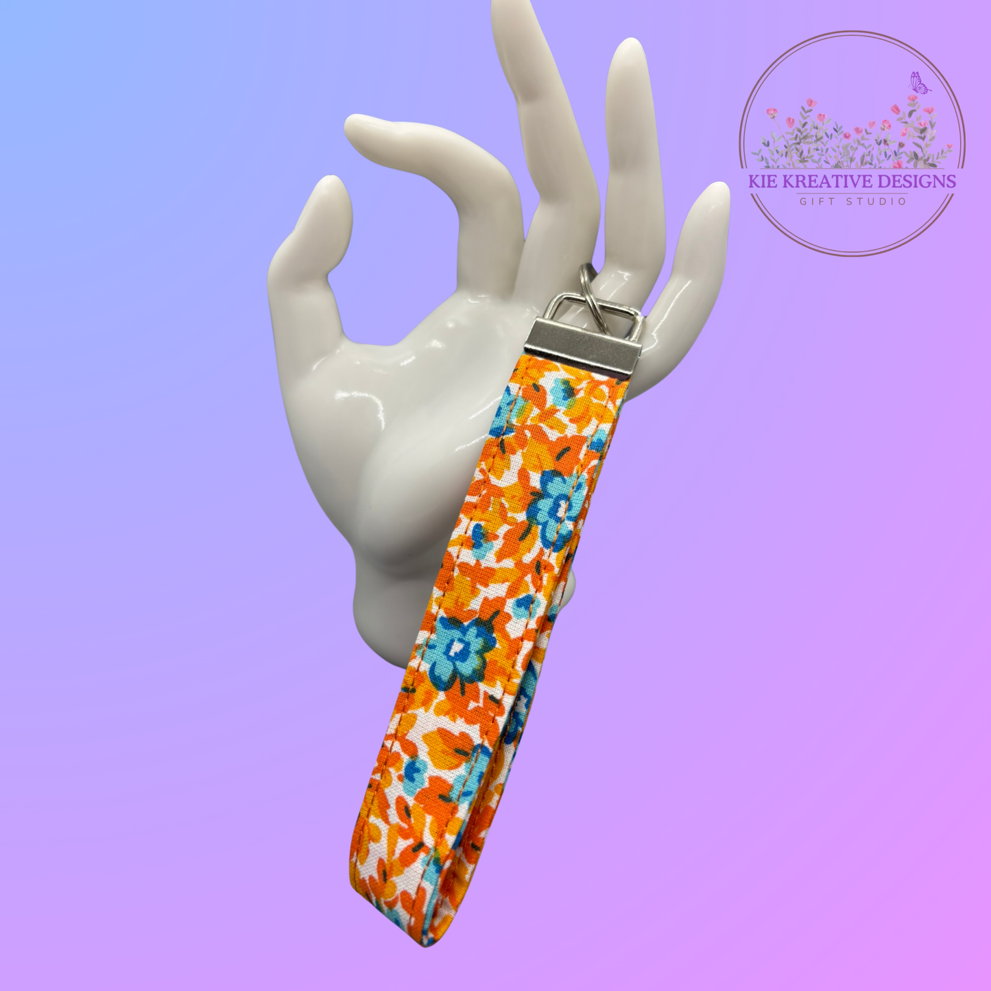 Bright Floral Fabric Wristlet Keychain – Orange & Blue Flower Key Fob | Handmade Key Holder | Gift for Her | Practical Teacher Gift